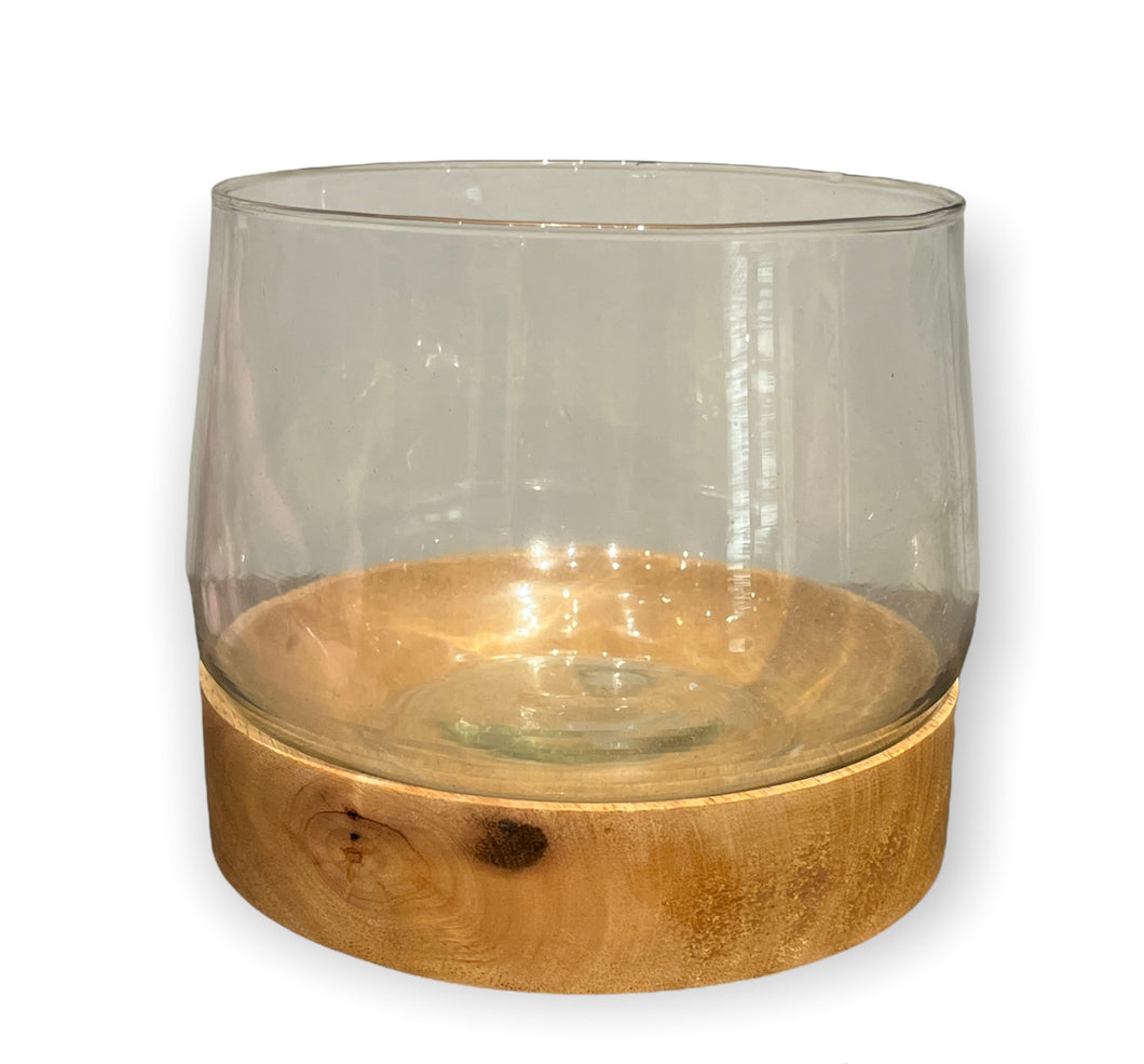 Glass and wood candle holder small