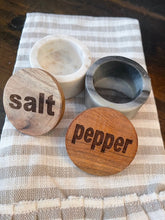 Load image into Gallery viewer, ROUND MARBLE SALT &amp; PEPPER CONTAINER W/ WOOD LID
